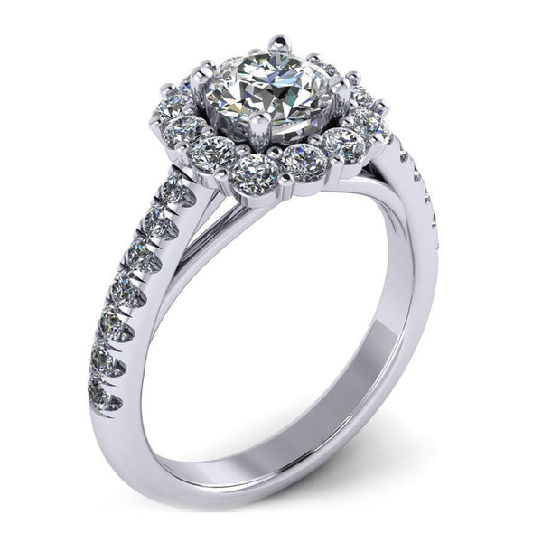 round halo engagement ring with flush fit cushion from GQJ jewelry store Boston