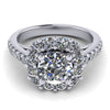 round halo engagement ring with flush fit cushion from GQJ jewelry store Boston