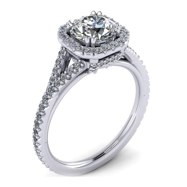 round halo engagement ring with split shank stone from GQJ jewelry store Boston