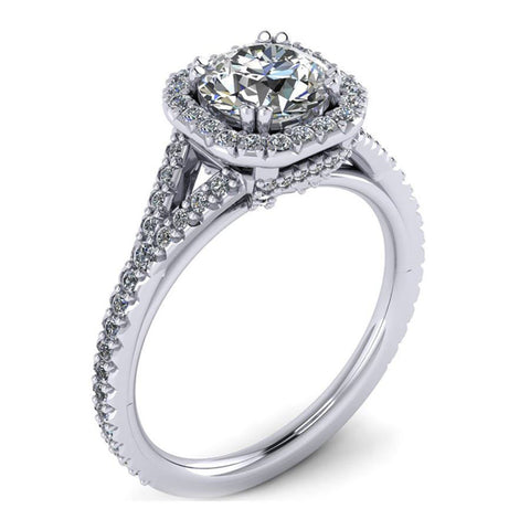 round halo engagement ring with split shank stone from GQJ jewelry store Boston