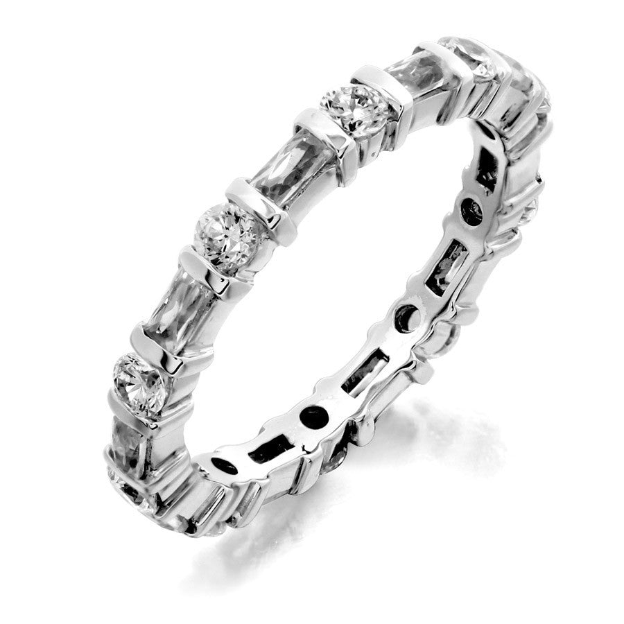 GoldQuest Jewelers in Boston alternating baguette and round diamond bar set eternity wedding band