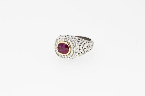 Two Tone Diamonds Man's Ring With Ruby Center