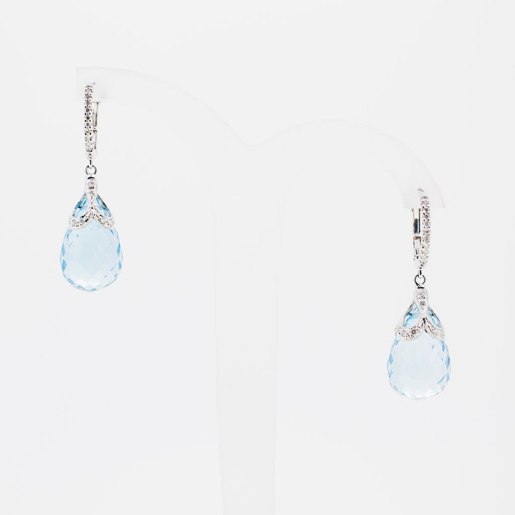 White gold bleu topaz drop earrings from GoldQuestJewelers jewelry store near Boston MA