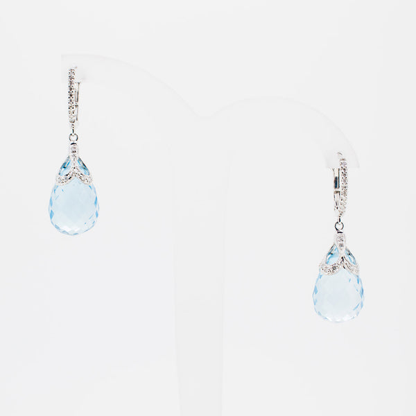 White gold bleu topaz drop earrings from GoldQuestJewelers jewelry store near Boston MA