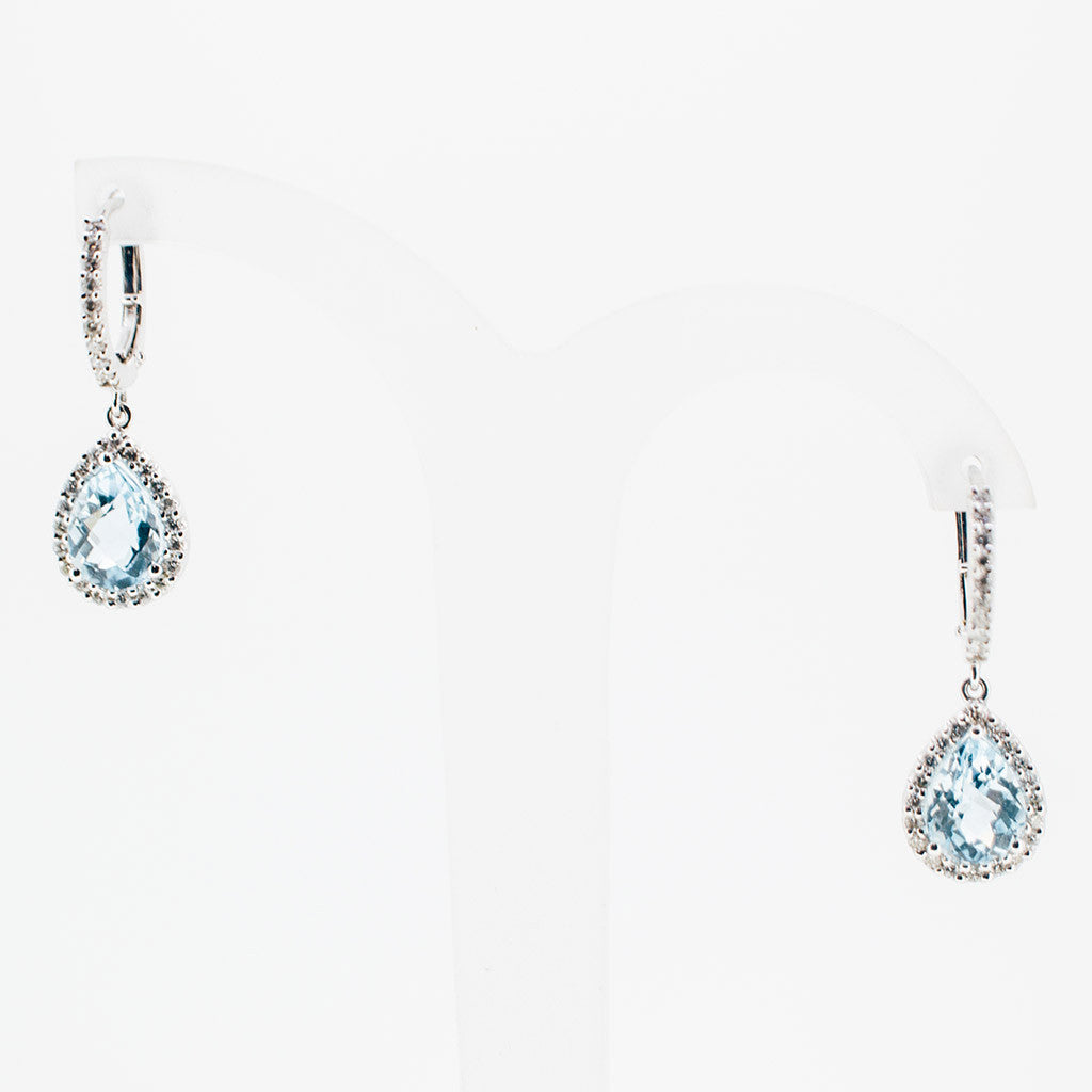 White gold bleu topaz small drop earrings from GoldQuestJewelers jewelry store near Boston MA