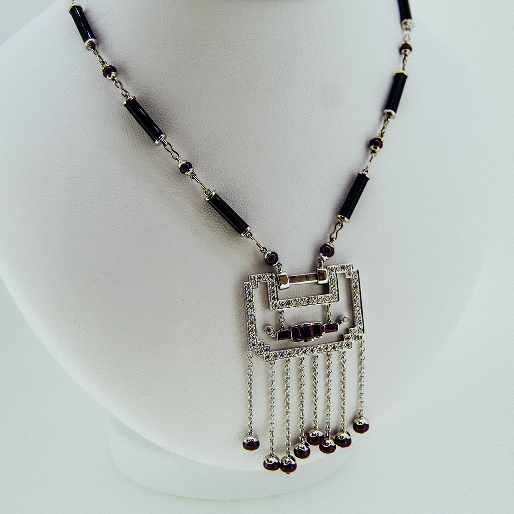 White gold handmade necklace with diamonds and rubies from GoldQuestJewelers near Boston MA