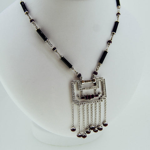 White gold handmade necklace with diamonds and rubies from GoldQuestJewelers near Boston MA