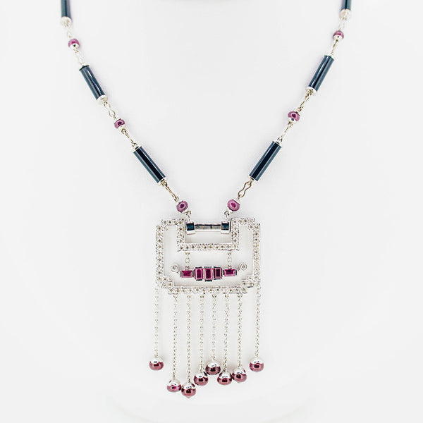 White gold handmade necklace with diamonds and rubies from GoldQuestJewelers near Boston MA