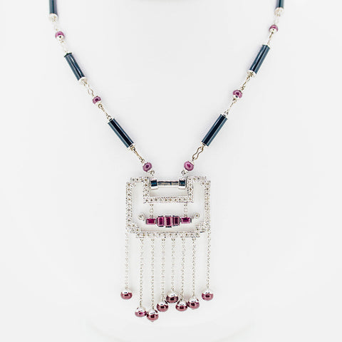 White gold handmade necklace with diamonds and rubies from GoldQuestJewelers near Boston MA